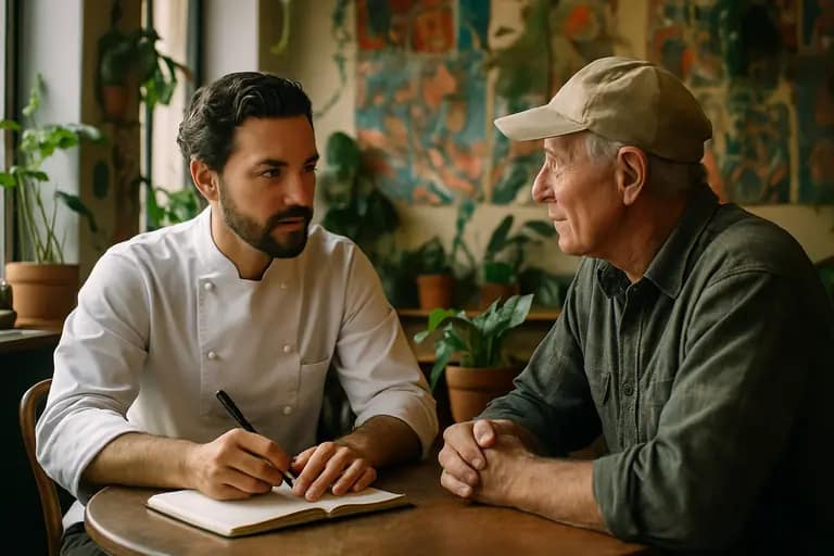 Chef and client discussing menu ideas at a kitchen counter