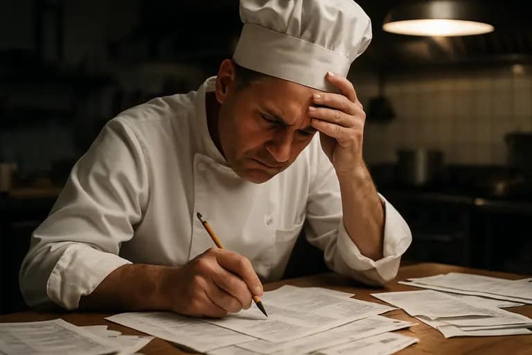 Chef calculating grocery costs next to produce and storage containers