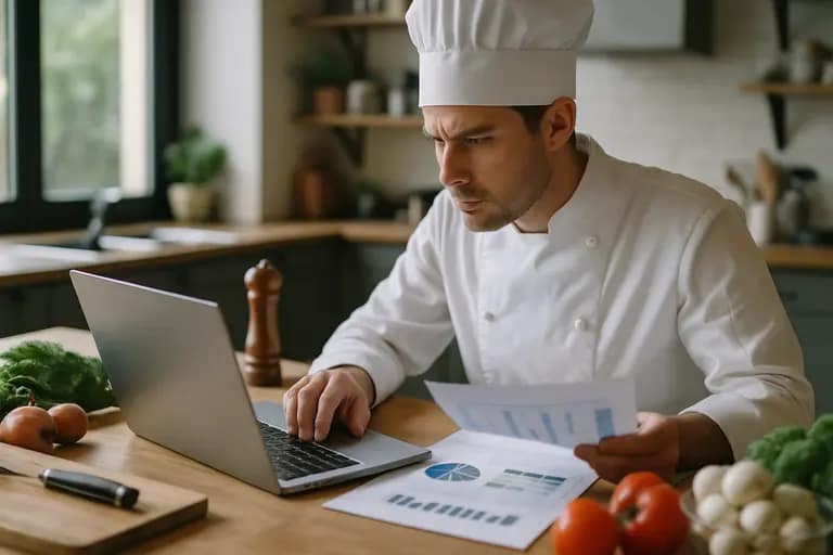 Chef calculating service costs beside a notebook and fresh ingredients