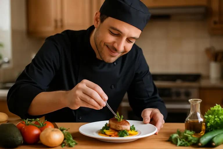Chef plating a single dinner portion at a clean kitchen counter