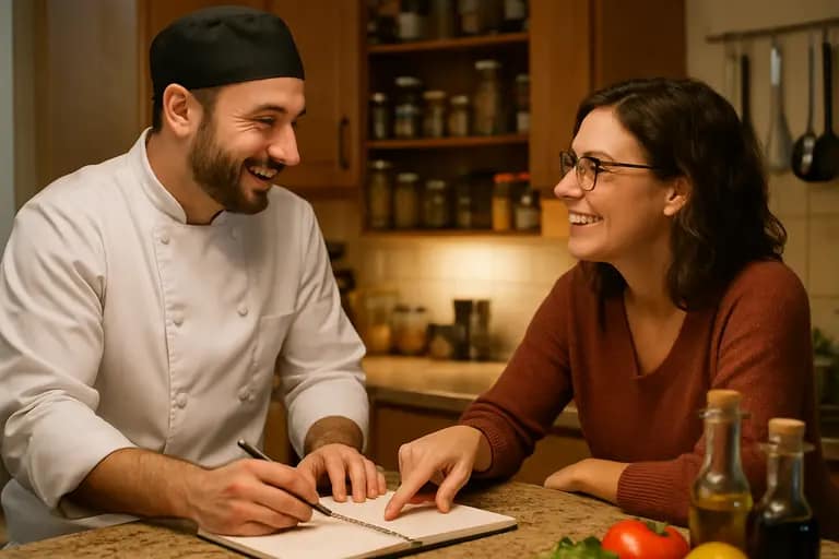 Chef speaking with diners at a shared table after service