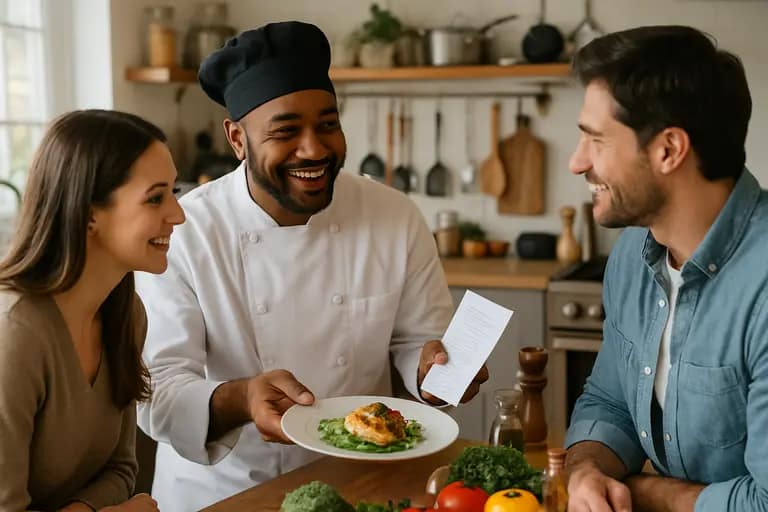 Client and chef discussing a cooking plan at a kitchen table