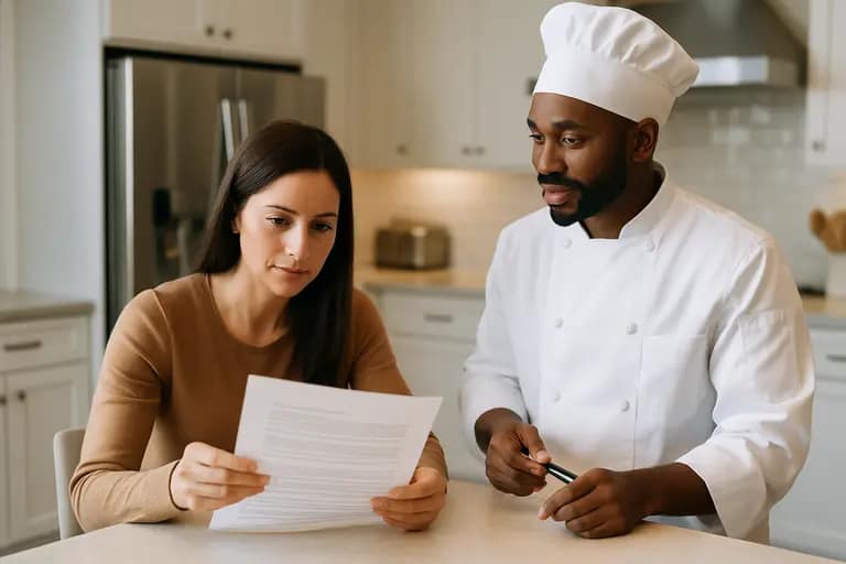 Client reading a chef service agreement next to a laptop and notebook