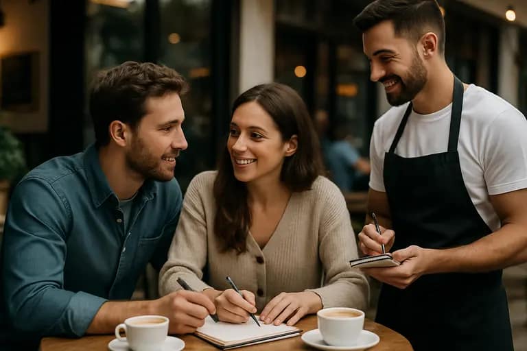 Couple reviewing a wedding menu with a chef at a dining table