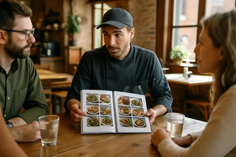 Personal chef calculating menu costs beside fresh ingredients and a laptop