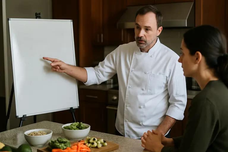 Personal chef discussing service details with a client in a home kitchen