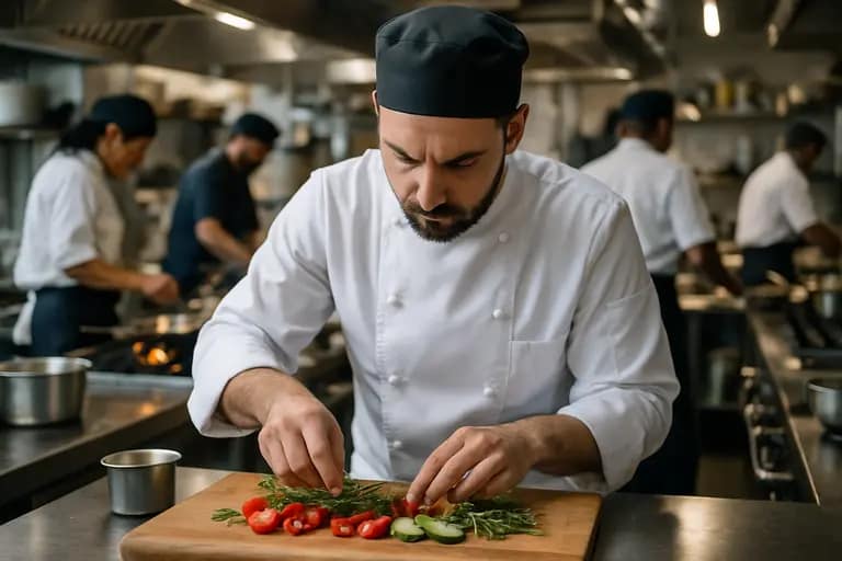 Personal chef organizing service options on a laptop in a home kitchen