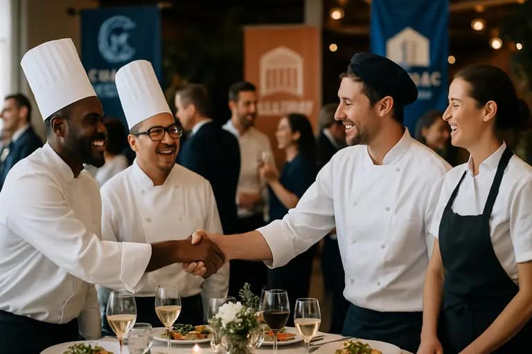 Two culinary professionals discussing a menu plan over coffee