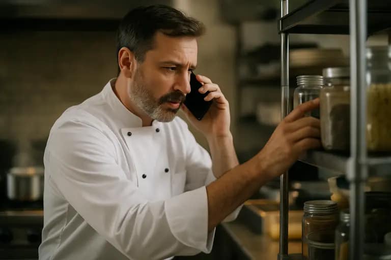Chef checking a client message draft beside a printed menu and produce list