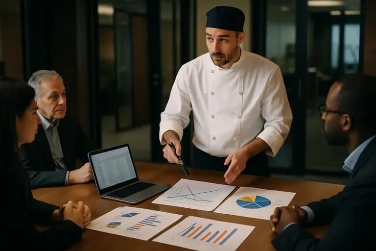 Chef reviewing a grocery receipt beside seasonal ingredients