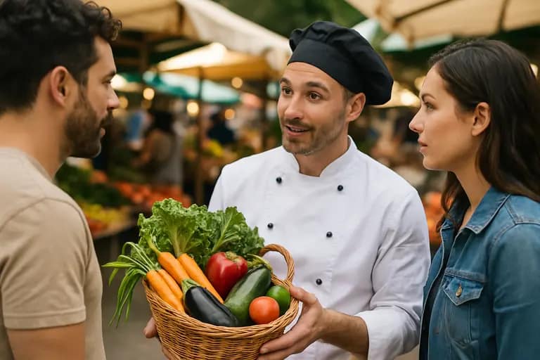 chef reviewing a printed menu with vegetables on a kitchen counter