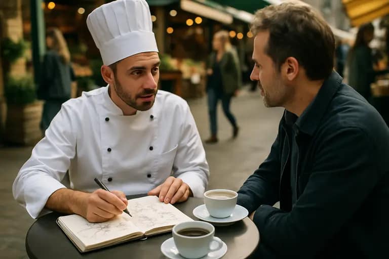 Client and personal chef discussing a seasonal menu at a dining table