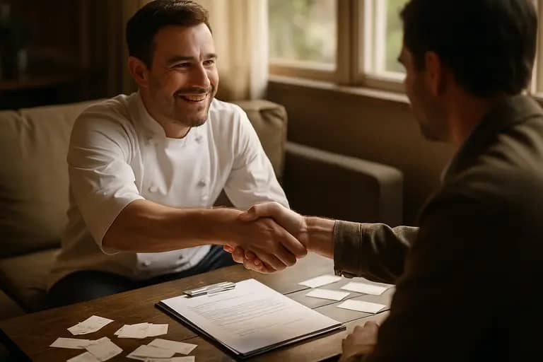 Client reviewing a chef service agreement beside a laptop and menu notes