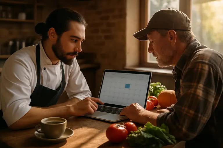 Notebook, laptop, and vegetables arranged for chef menu planning