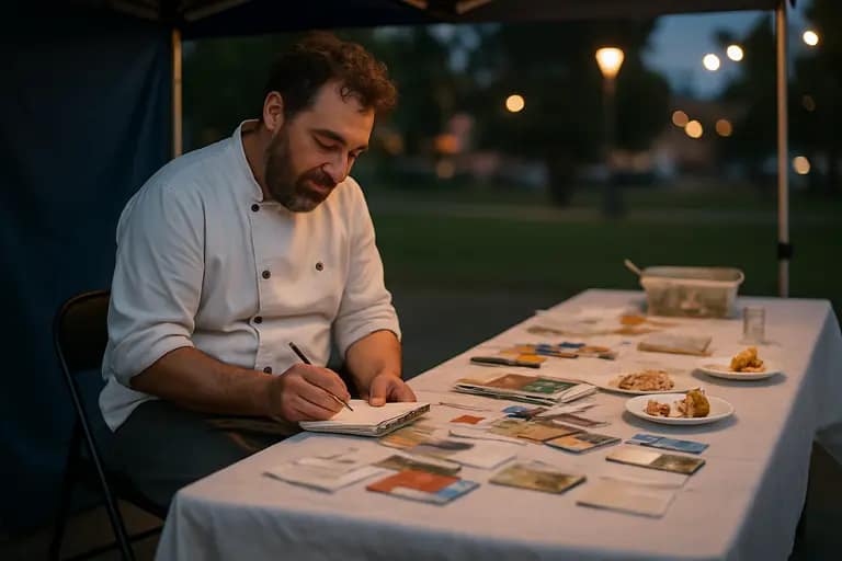 Notebook with event notes beside business cards and a chef apron