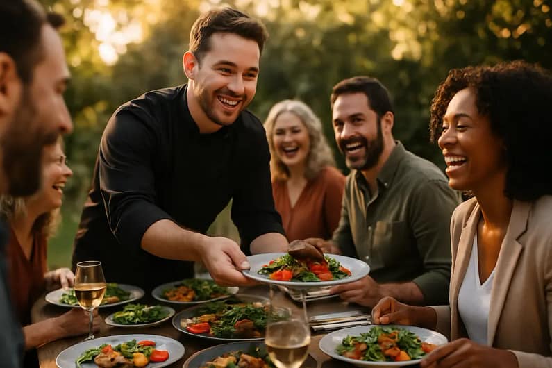 Chef serving guests at community pop-ups in a neighborhood dining space