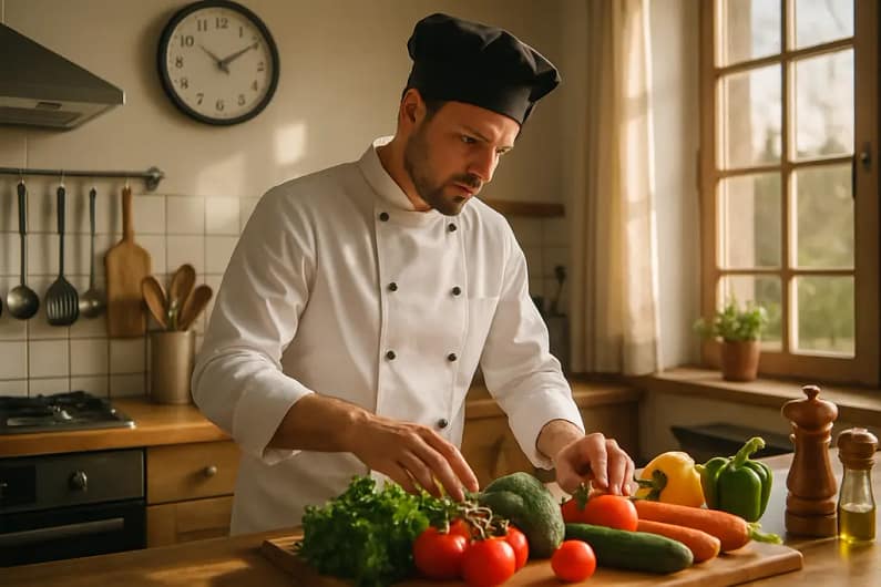 Personal chef event setup with ingredients arranged in a home kitchen
