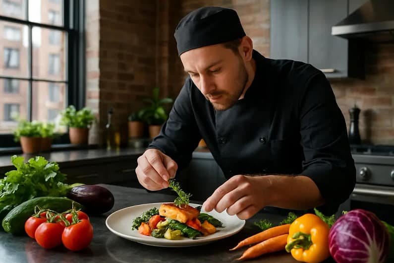 Personal chef growth shown through a chef planning meals in a compact city kitchen