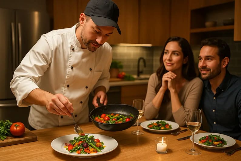 Personal chef value shown through plated meals and a pricing notebook on a kitchen counter