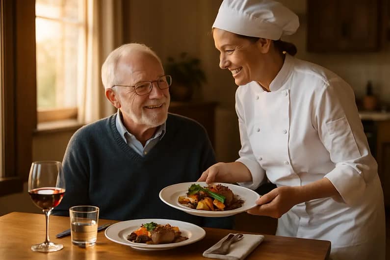 Senior Personal Chefs preparing labeled meals in a home kitchen