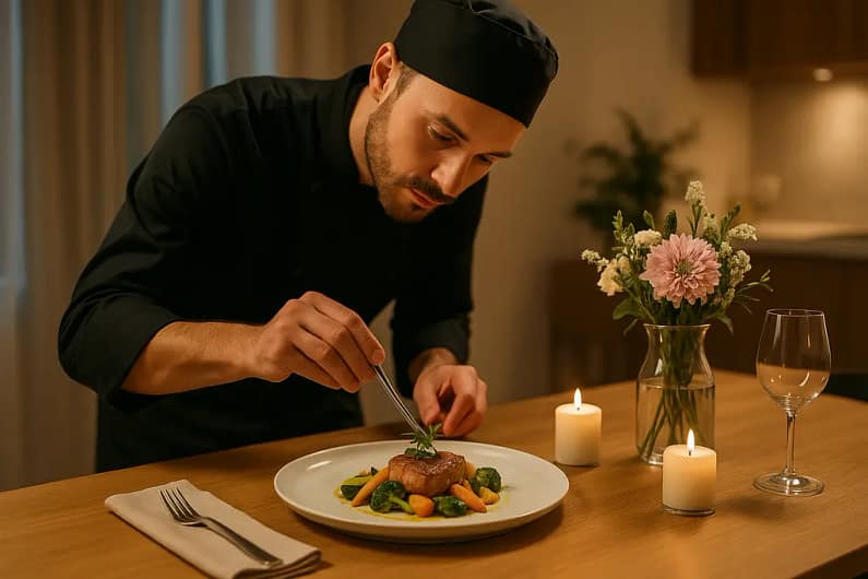 Personal chef plating a meal for one as solo dining trends shape private service