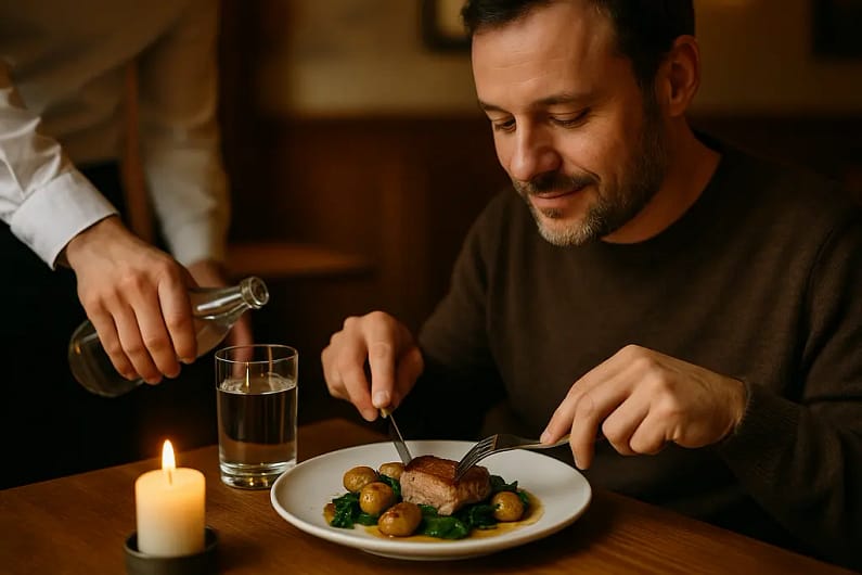 Solo dining setup with one place setting, water glass, and a small dinner plate