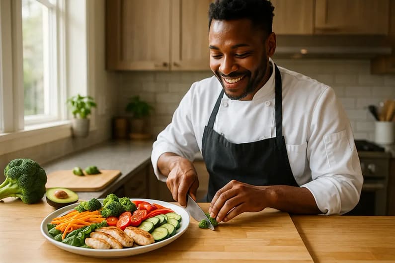 Personal chef planning specialized diets with fresh ingredients and client notes