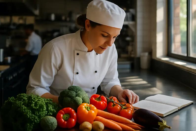 Chef reviewing ingredient sourcing transparency notes beside fresh produce