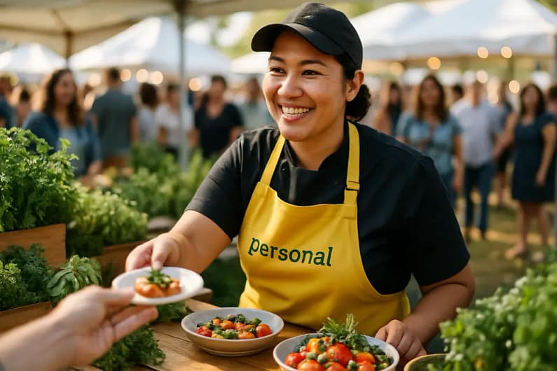 Personal chef local event presence at a farmers market tasting table