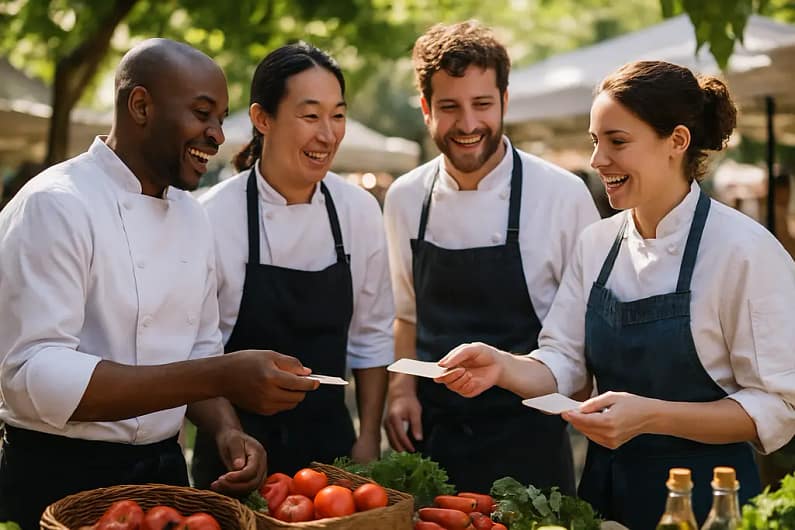 Personal chef reviewing local producer networking notes beside seasonal vegetables