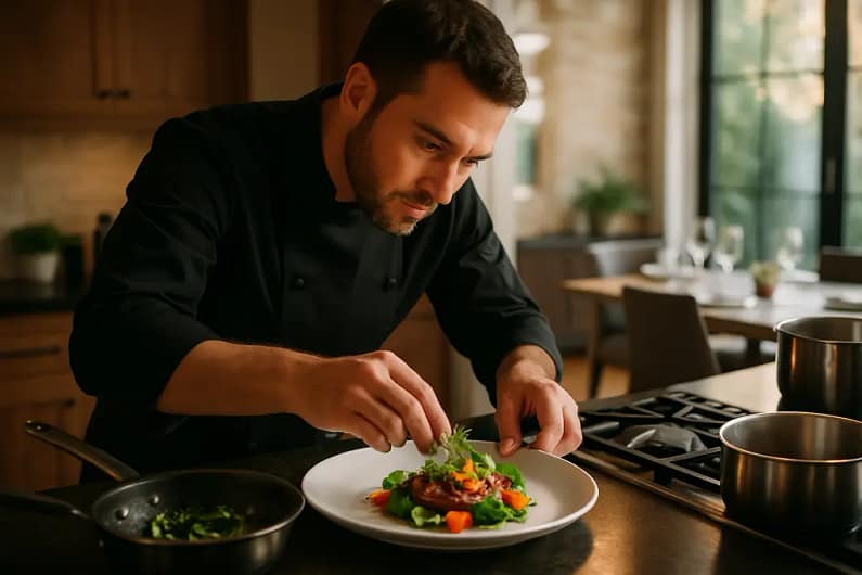 Personal chef demand planning with menus, calendar, and city notes on a kitchen counter