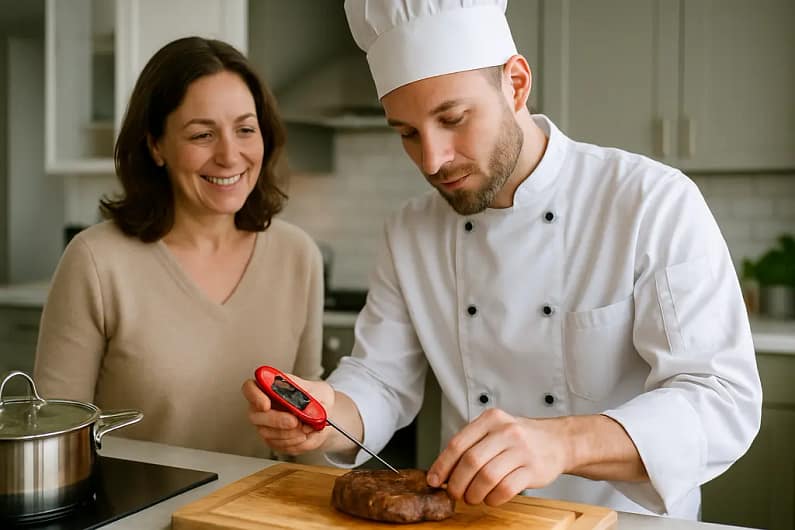 Private chef food safety checklist beside fresh ingredients in a home kitchen