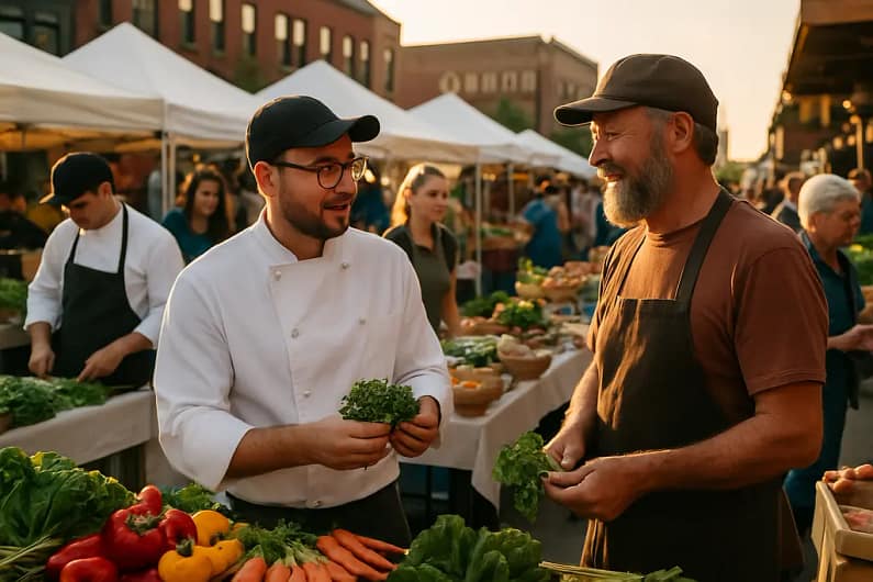 regional sourcing models shown through local produce and chef notes on a kitchen table
