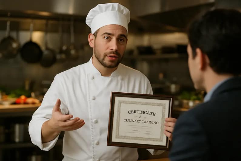 Client reviewing chef credibility notes at a kitchen table