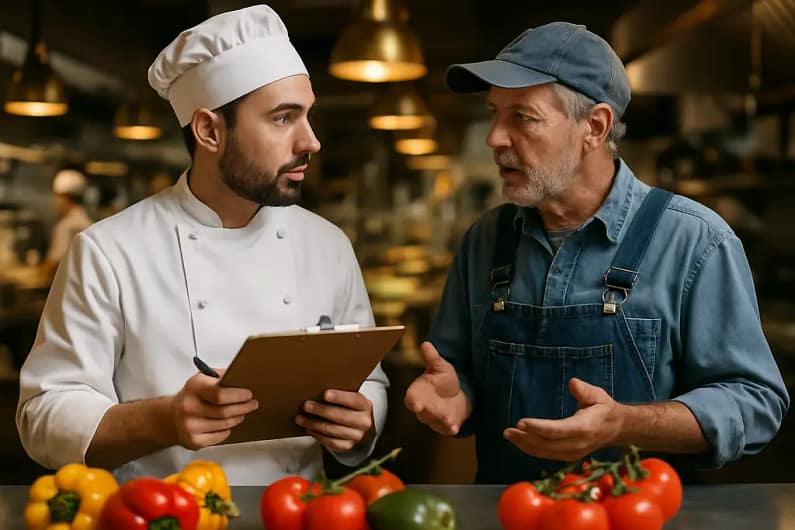 Chef Sourcing Questions beside vegetables and a printed booking form