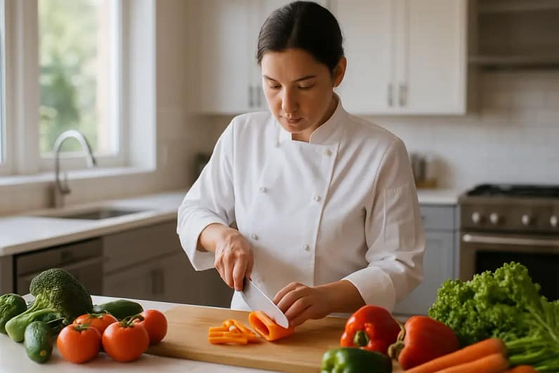 Personal chef reviewing culinary training notes before a client booking
