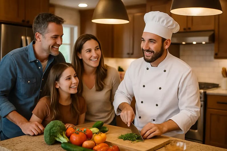 Full-Time Personal Chefs preparing dinner in a private home kitchen