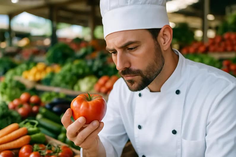 Chef reviewing ingredient sourcing transparency notes with fresh produce on a kitchen counter