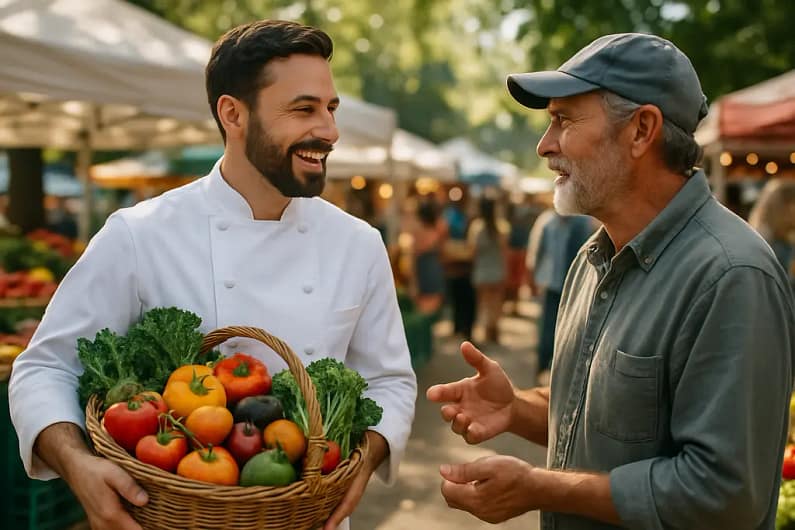 Personal chef selecting produce from local food producers at a market stand