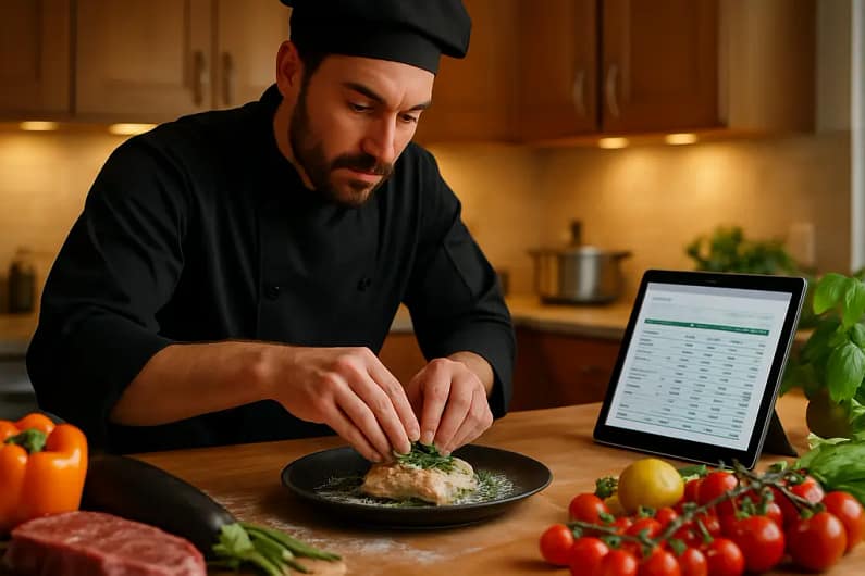 Personal chef budgeting worksheet beside groceries and a weekly menu plan
