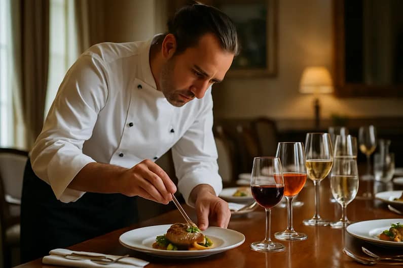 premium beverages arranged beside a plated private dining course