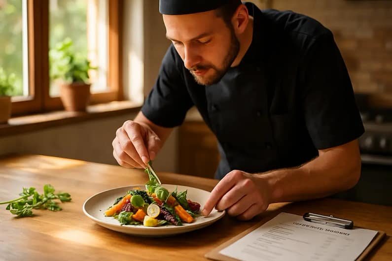 seasonal menus planning board with apples, mushrooms, herbs, and chef notes