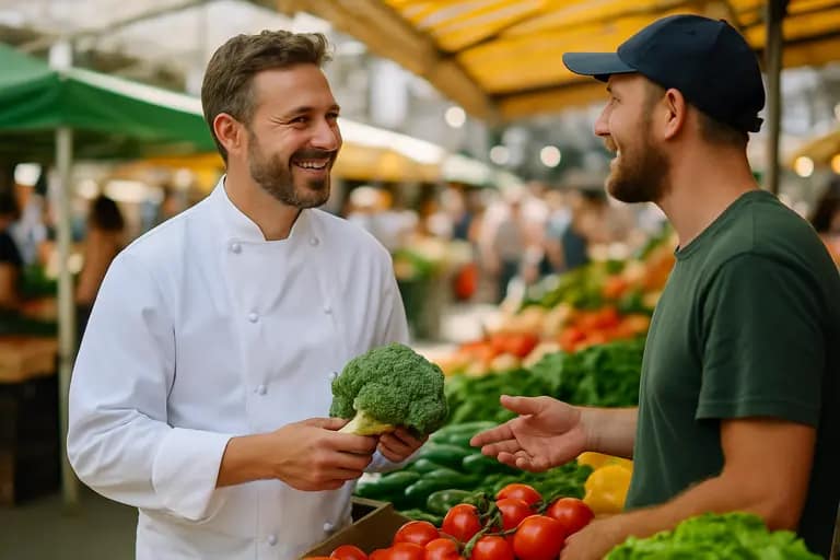 Chef planning a dinner menu beside invoices and fresh vegetables
